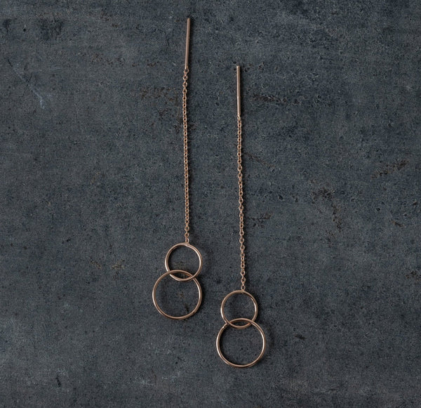 'Two small rings' chain stick earrings | rose gold