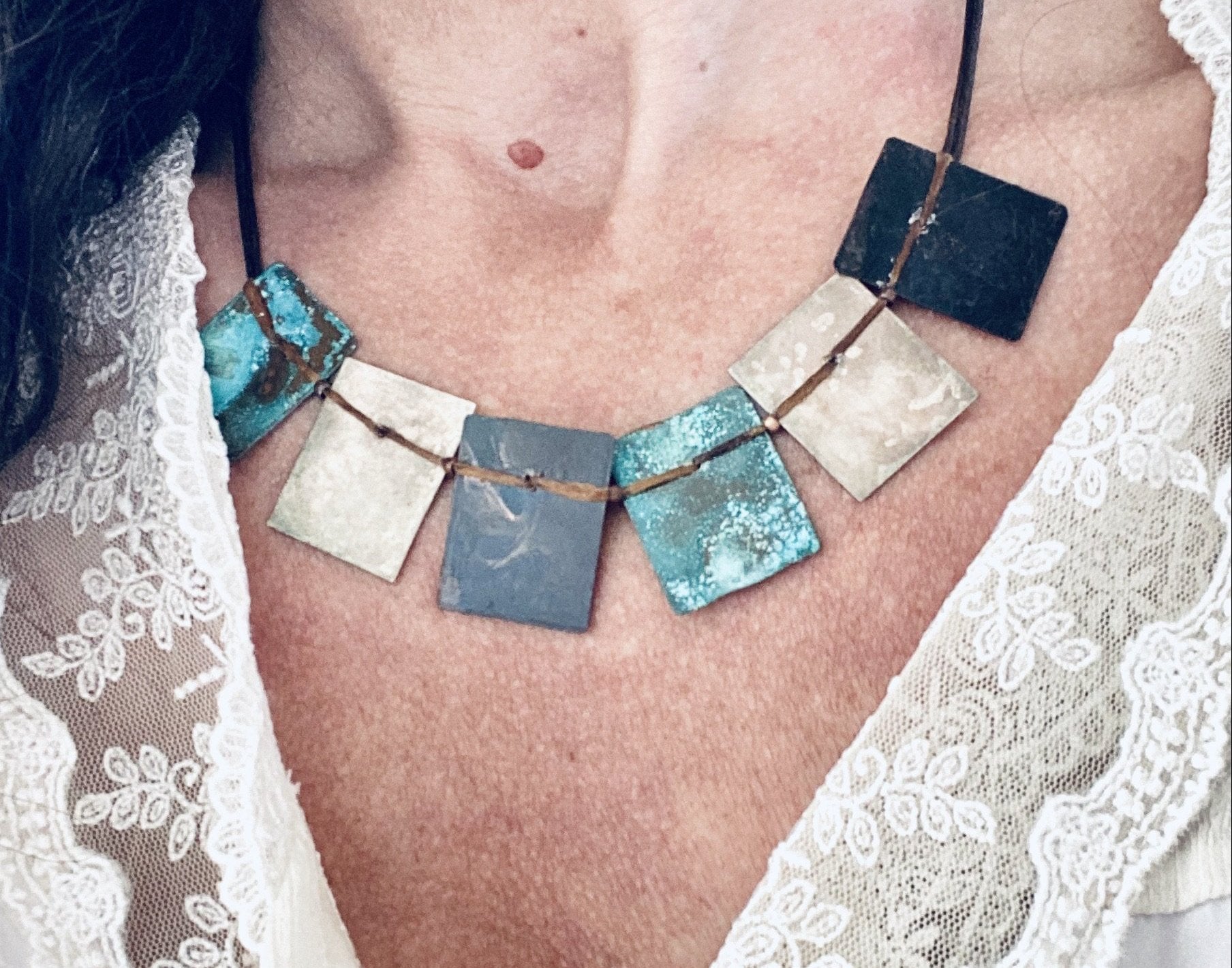 'multicolor plates' necklace | oxidized copper